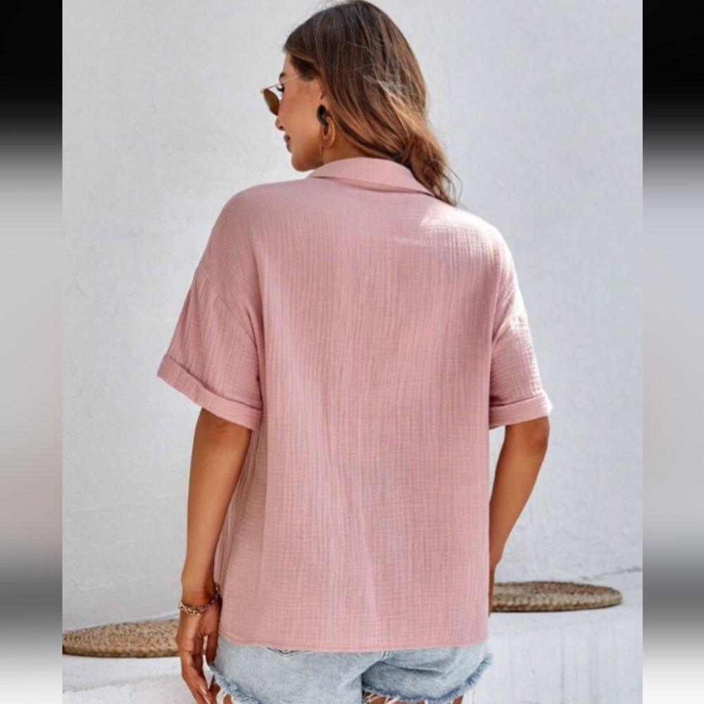 Shein Dusty Pink Crinkled Front Pockets Button Down Shirt Oversized Top